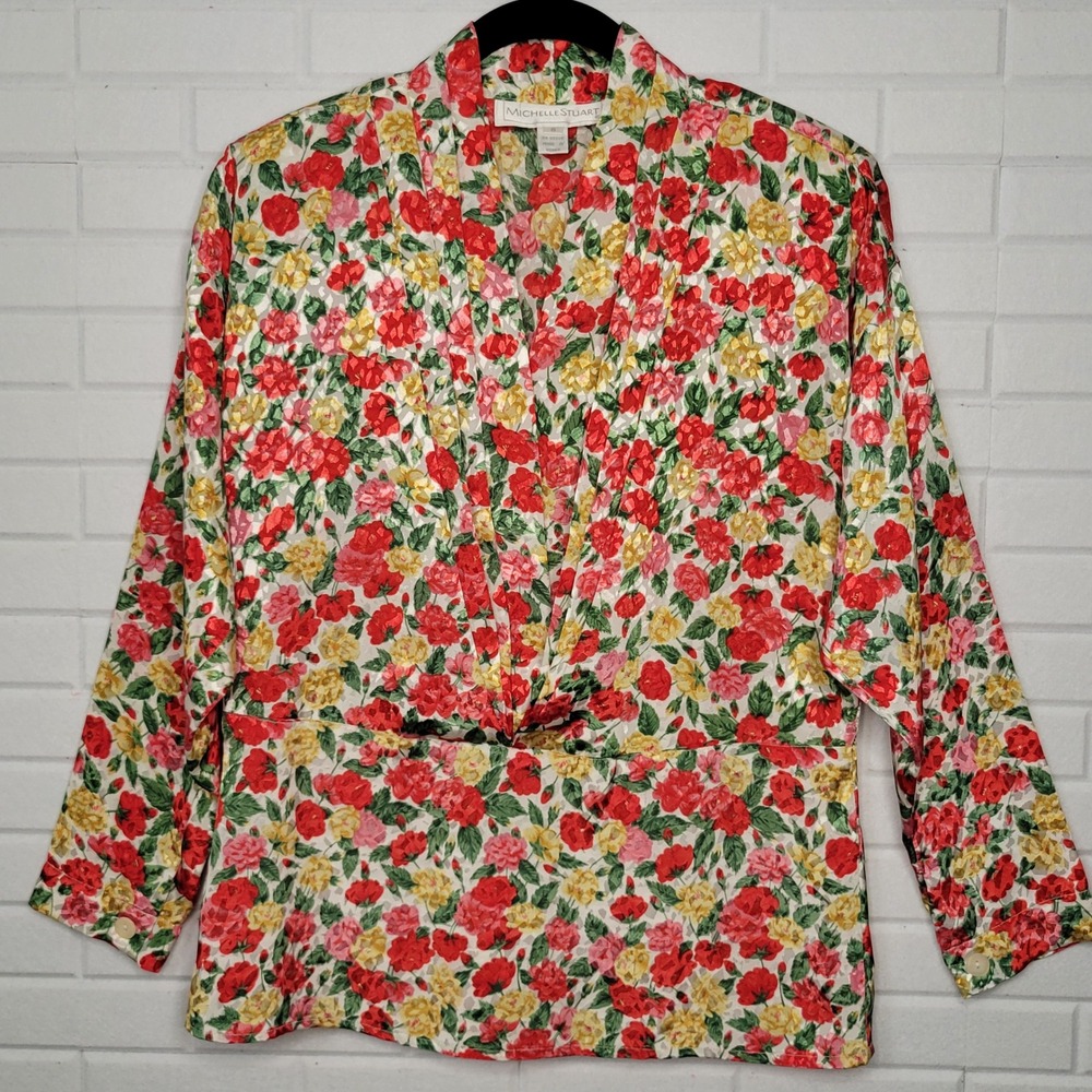 Vtg 80s Michelle Stuart Sz 6 Roses Floral Pleat-front blouse office maximalist - Picture 8 of 8